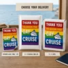 Gay Cruise Prank Delivery Options Thank You for Booking Your Gay Cruise prank shown as a DIY sticker label, 6 × 9 bubble mailer and 6 × 9 mailing box.