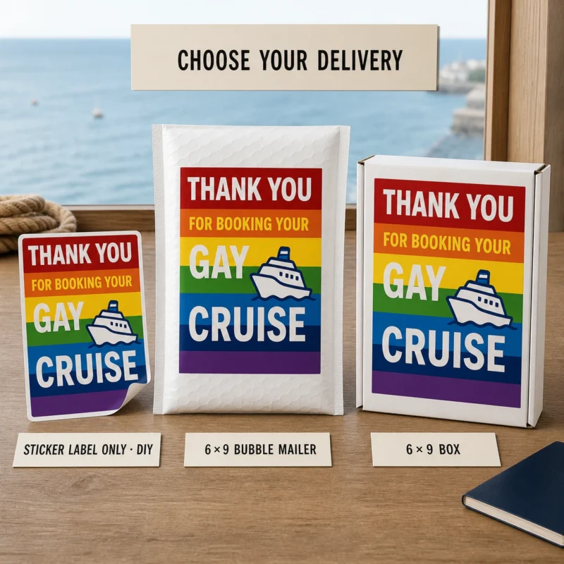 Gay Cruise Prank Delivery Options Thank You for Booking Your Gay Cruise prank shown as a DIY sticker label, 6 × 9 bubble mailer and 6 × 9 mailing box.