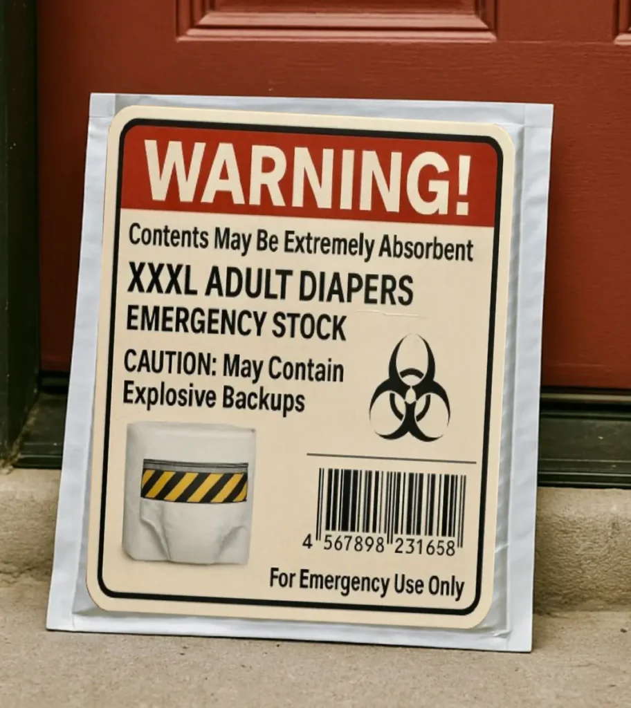 XXXL Adult Diapers prank label displayed in a framed bubble-style product shot