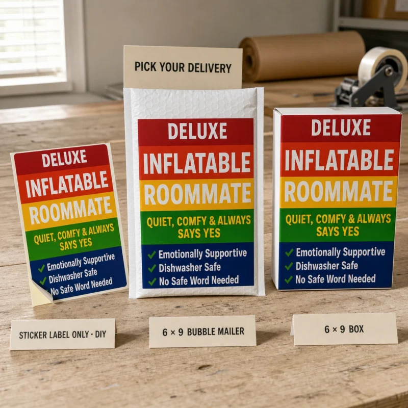 Deluxe Inflatable Roommate Prank Delivery Options Deluxe Inflatable Roommate prank displayed as a DIY sticker label, a 6 × 9 bubble mailer and a 6 × 9 mailing box on a realistic packing table.