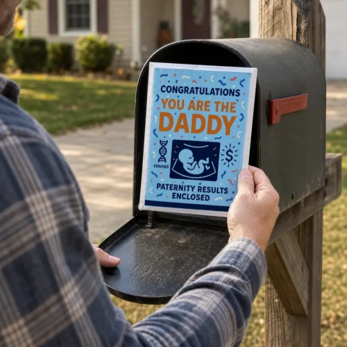 A man removes a You Are the Daddy paternity results prank package from an open residential mailbox.