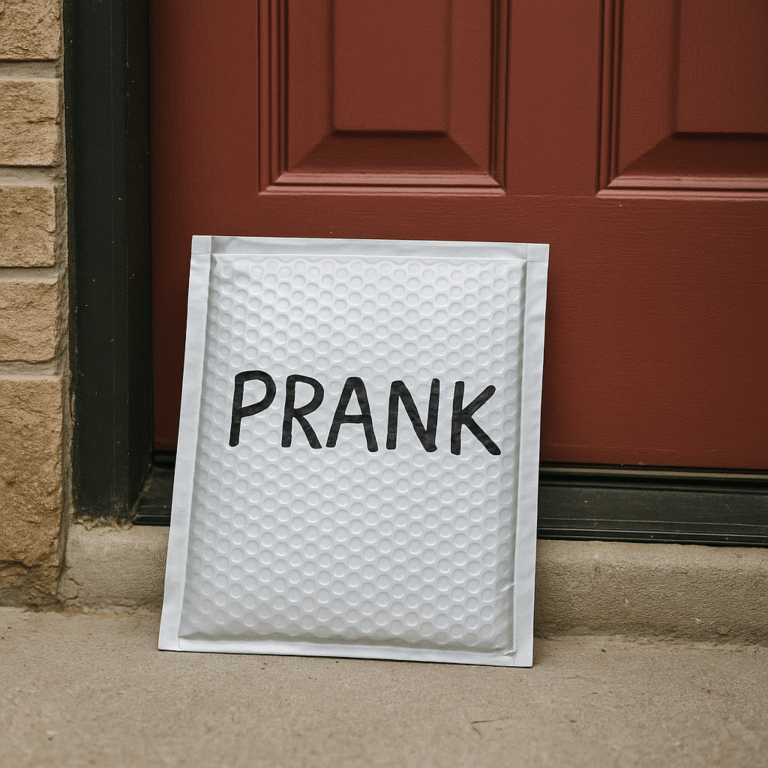 Funny prank bubble mailer packaging. TheOneAndOnly.ca gag mail envelope for hilarious prank mail deliveries