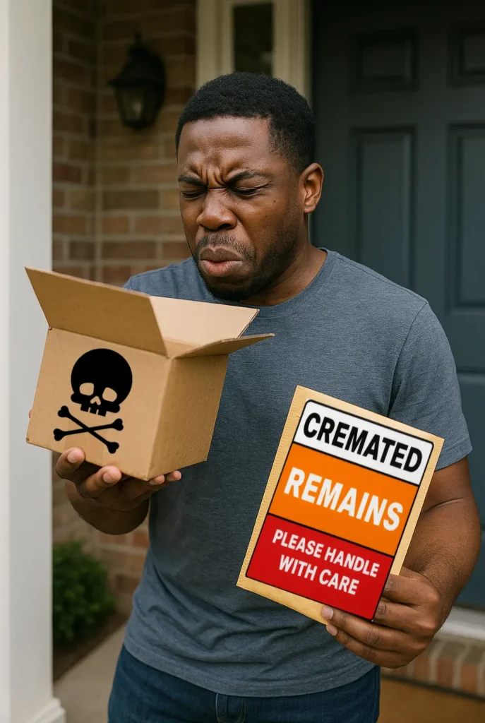 Cremated Remains Prank Man, fake anal bleaching kit label, funny adult prank gift, gag mail canada, theoneandonly.ca