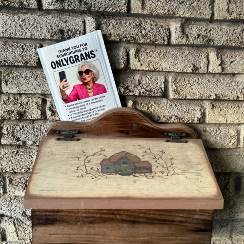 OnlyGrans prank mailer inside a mailbox.Funny anonymous gag gift label from TheOneAndOnly.ca