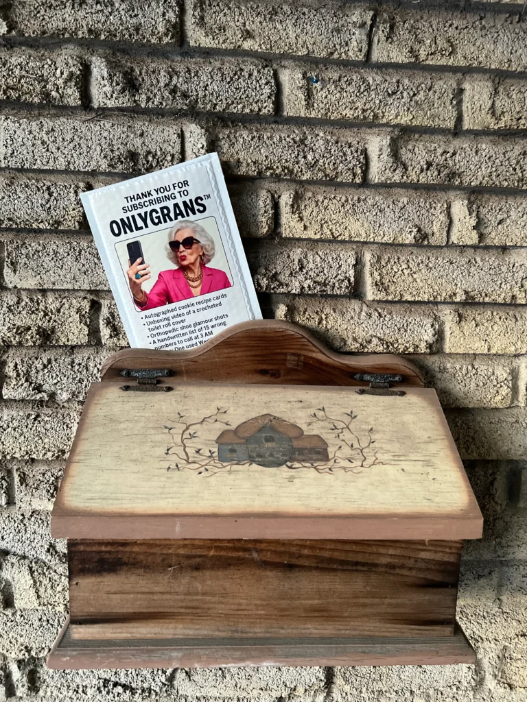 OnlyGrans prank mailer inside a mailbox.Funny anonymous gag gift label from TheOneAndOnly.ca