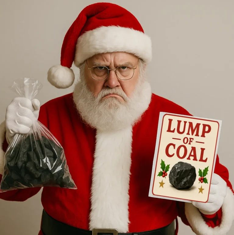 Lump of Coal Santa. Funny Christmas prank gift for the naughty list | TheOneAndOnly.ca