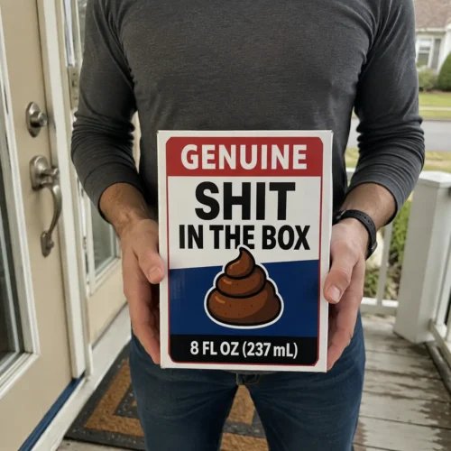 A man holding a genuine shit in the prank mail delivery