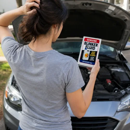Young woman holding a Blinker Fluid prank gift beside a car with the hood open