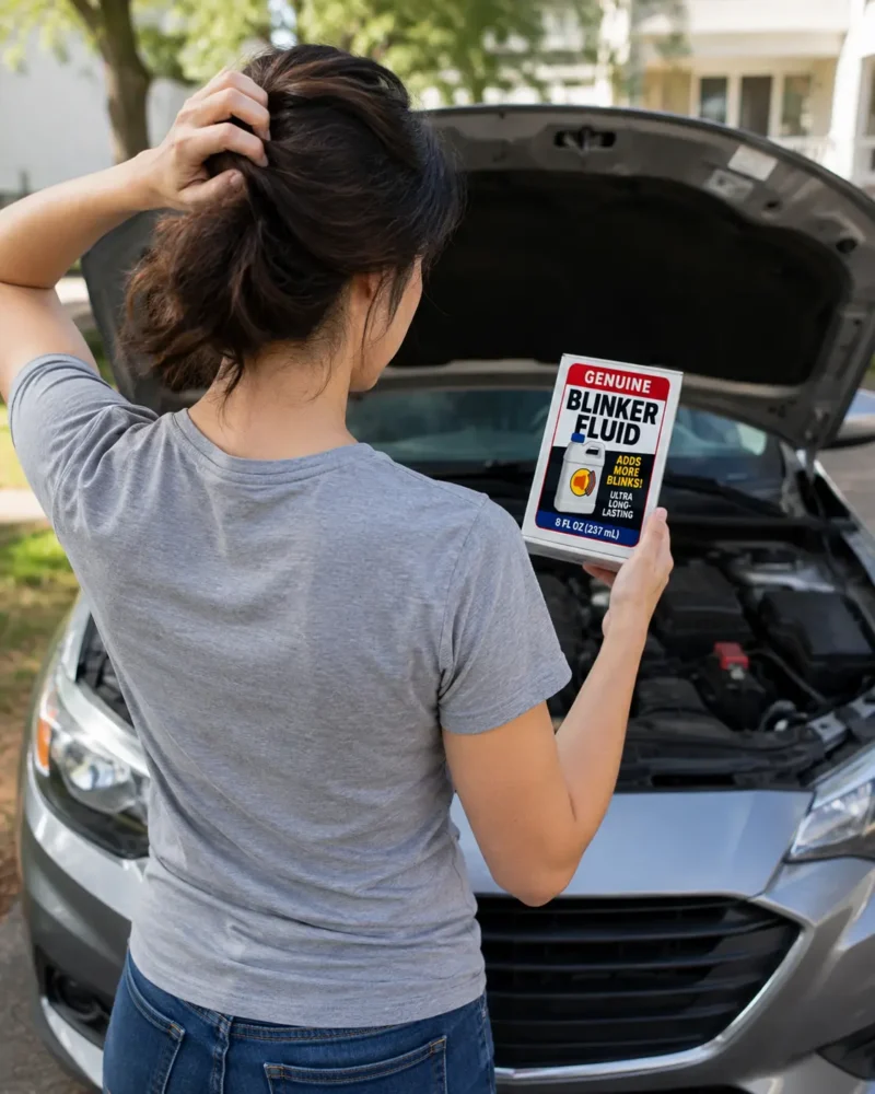 Blinker Fluid Prank Gift Young woman holding a Blinker Fluid prank gift beside a car with the hood open