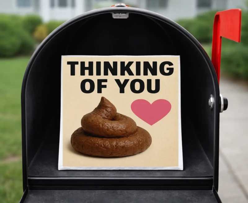 Funny “Thinking of You” prank bubble mailer sitting inside a residential mailbox as an anonymous gag gift delivery.