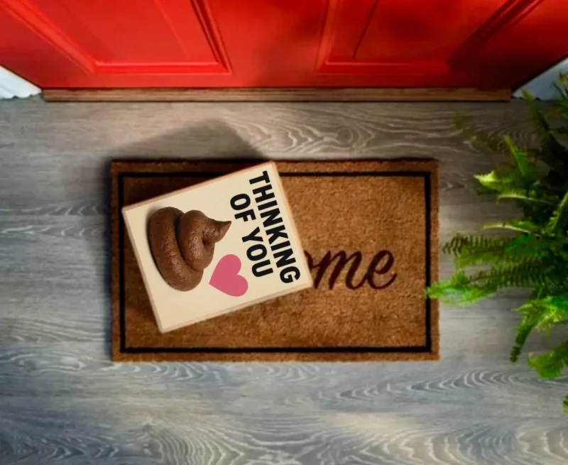 Funny “Thinking of You” prank mail package sitting on a front doorstep doormat as an anonymous gag gift delivery.