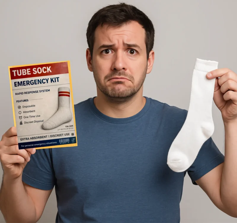 Confused man holding a Tube Sock Emergency Kit prank mail label and a white tube sock, reacting to realistic parody packaging.