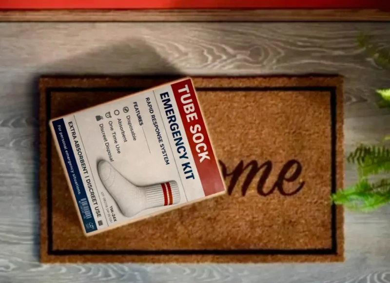 Photorealistic image of the “Tube Sock Emergency Kit” prank mail label designed to resemble legitimate over the counter packaging. The label is displayed leaning against a red front door to mimic real-world delivery, reinforcing the believable and high-impact presentation of this anonymous gag gift.