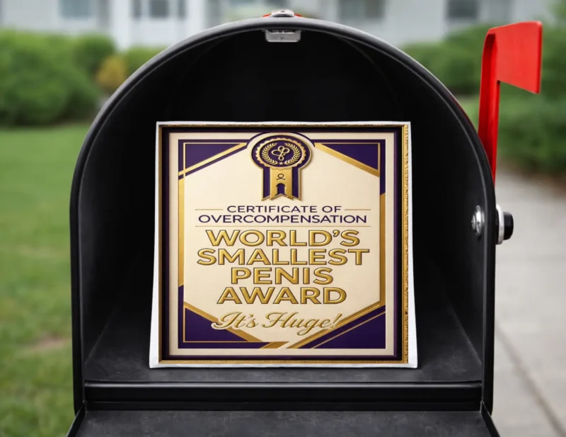 World’s Smallest Penis Award prank certificate placed inside a black mailbox ready for anonymous delivery.