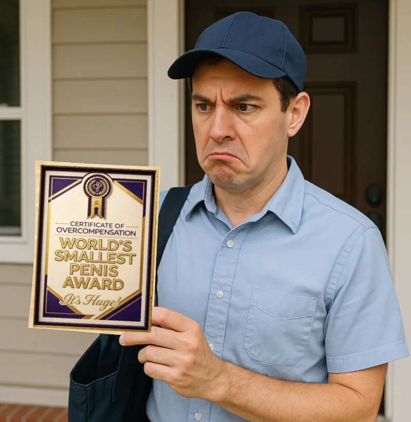 Delivery worker holding a “World’s Smallest Penis Award” prank certificate with a confused expression at a front door.