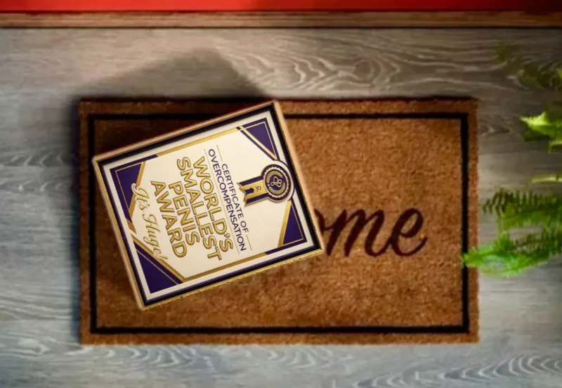 World’s Smallest Penis Award prank certificate delivered in a package at a front door doormat.