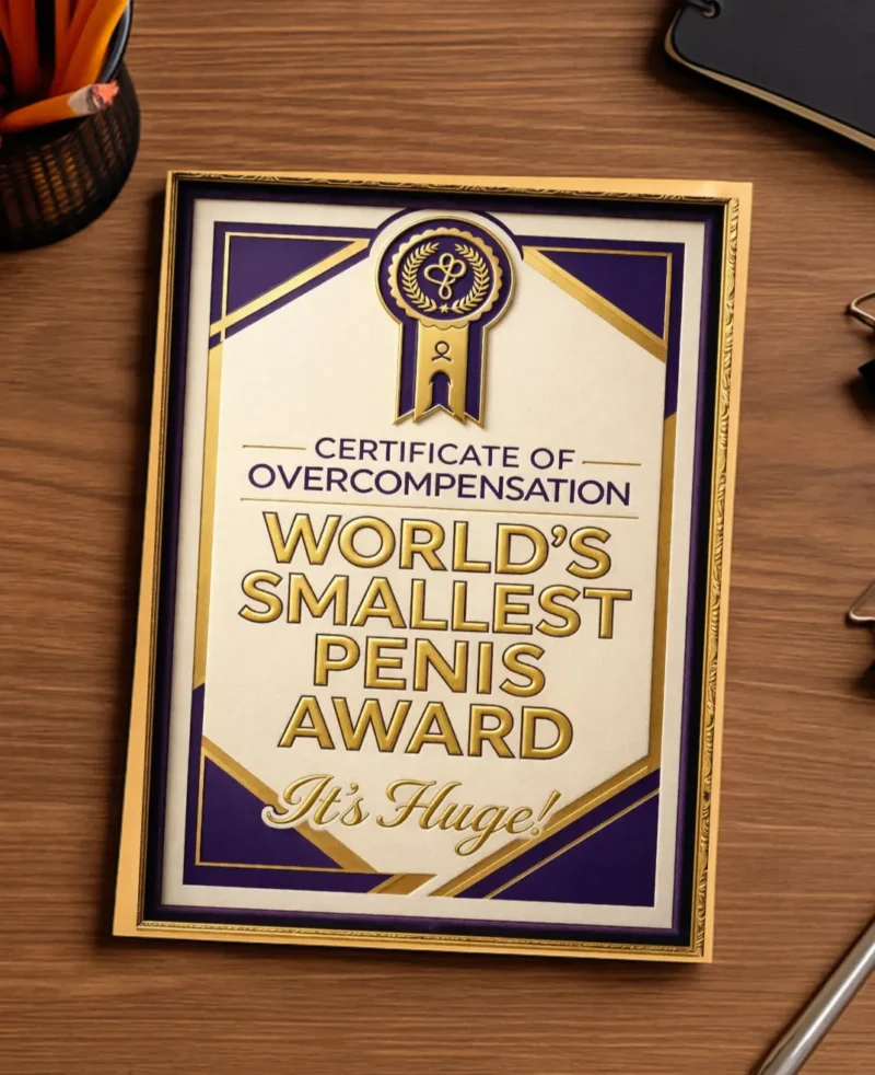 Framed “World’s Smallest Penis Award” prank certificate in gold and purple design displayed on a wooden desk.