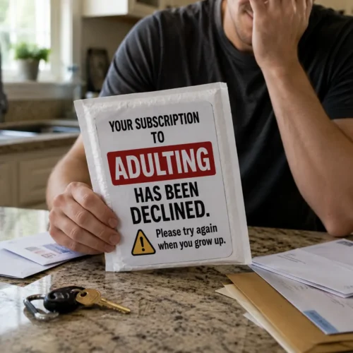 Man reacting to an Adulting Subscription Declined prank mail package