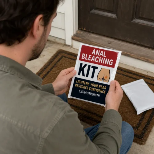 A man examines an Anal Bleaching Kit prank package after discovering it outside his front door.