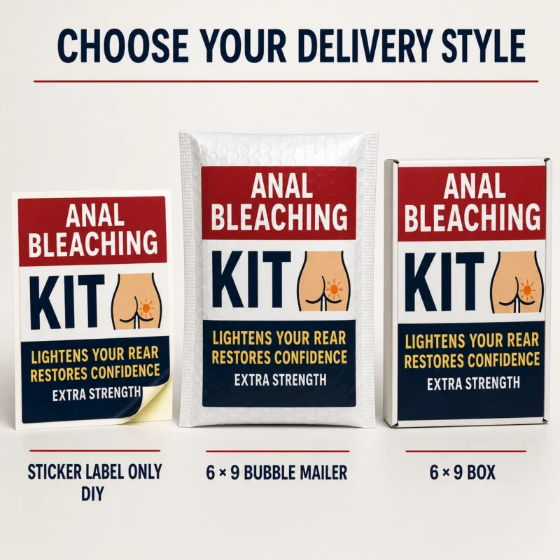 Anal Bleaching Kit prank shown as a DIY sticker label, a 6 × 9 bubble mailer and a 6 × 9 mailing box.