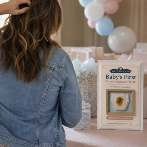 Woman at a baby shower looking at the Baby’s First Diaper Keepsake Frame novelty package displayed among the gifts.
