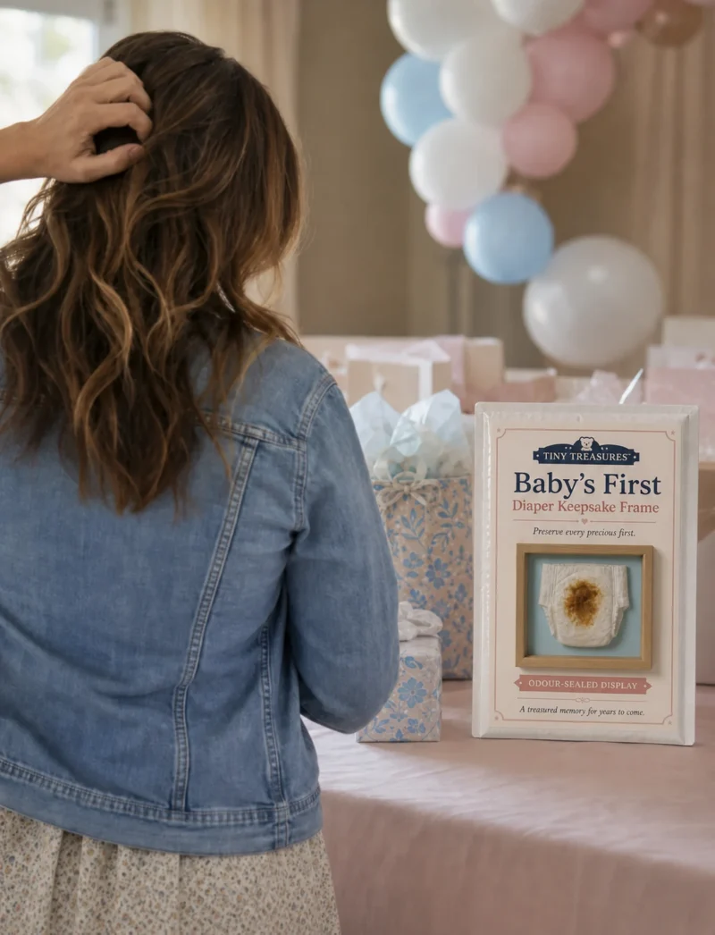 Woman at a baby shower looking at the Baby’s First Diaper Keepsake Frame novelty package displayed among the gifts.