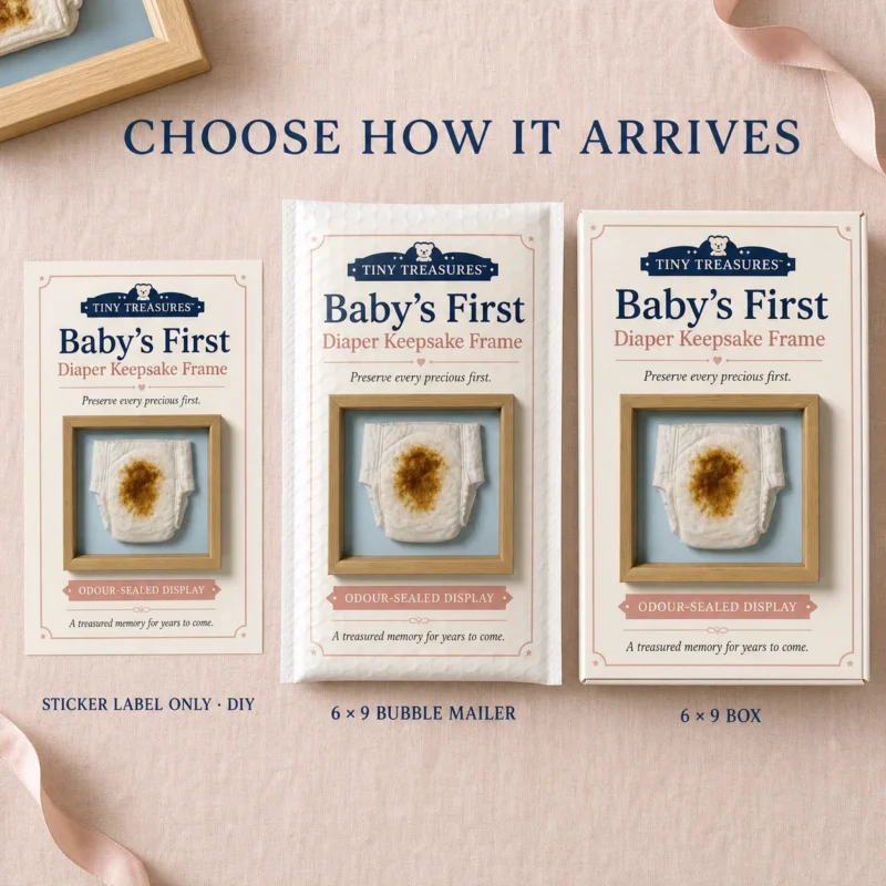Baby’s First Diaper Keepsake Frame prank displayed as a DIY sticker, a 6 × 9 bubble mailer and a matching 6 × 9 box.