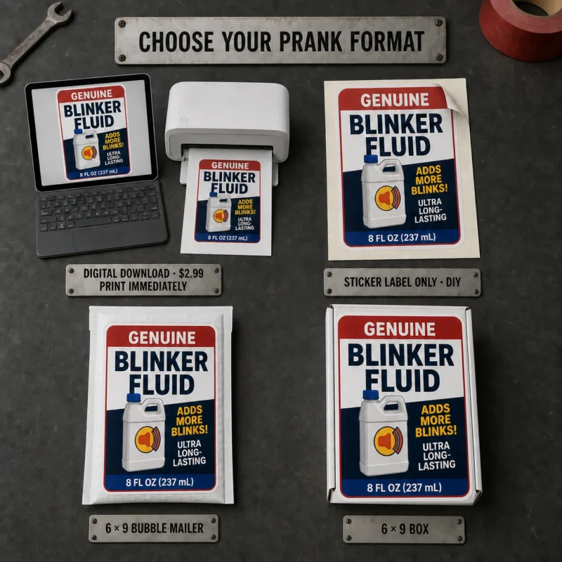 Genuine Blinker Fluid Prank Format Options Genuine Blinker Fluid prank shown as a $2.99 digital download, DIY sticker label, 6 × 9 bubble mailer and 6 × 9 mailing box