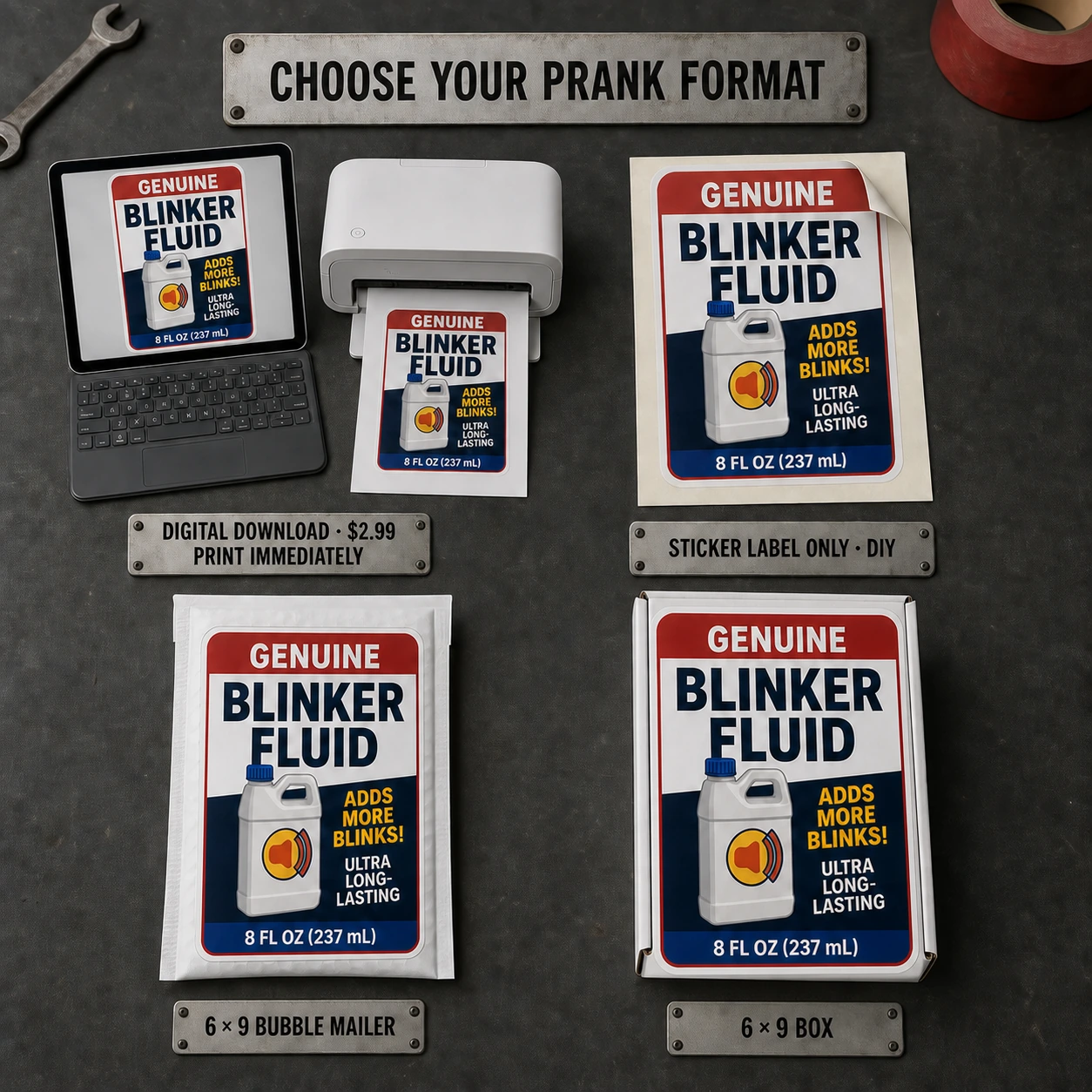Genuine Blinker Fluid shown as a digital download, sticker, reveal card and ready-to-mail package