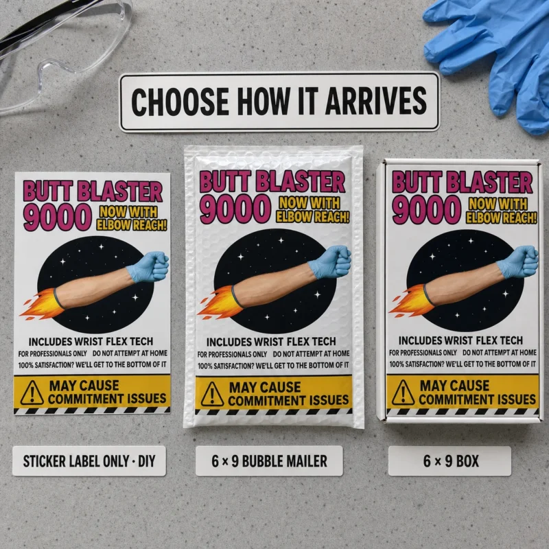 Butt Blaster 9000 Prank Delivery Options Butt Blaster 9000 prank shown as a DIY sticker, on a 6 × 9 bubble mailer and on a matching 6 × 9 box.
