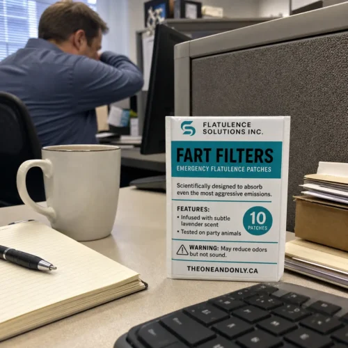 Fart Filters emergency flatulence patches displayed on an office cubicle desk while a coworker reacts in the background.
