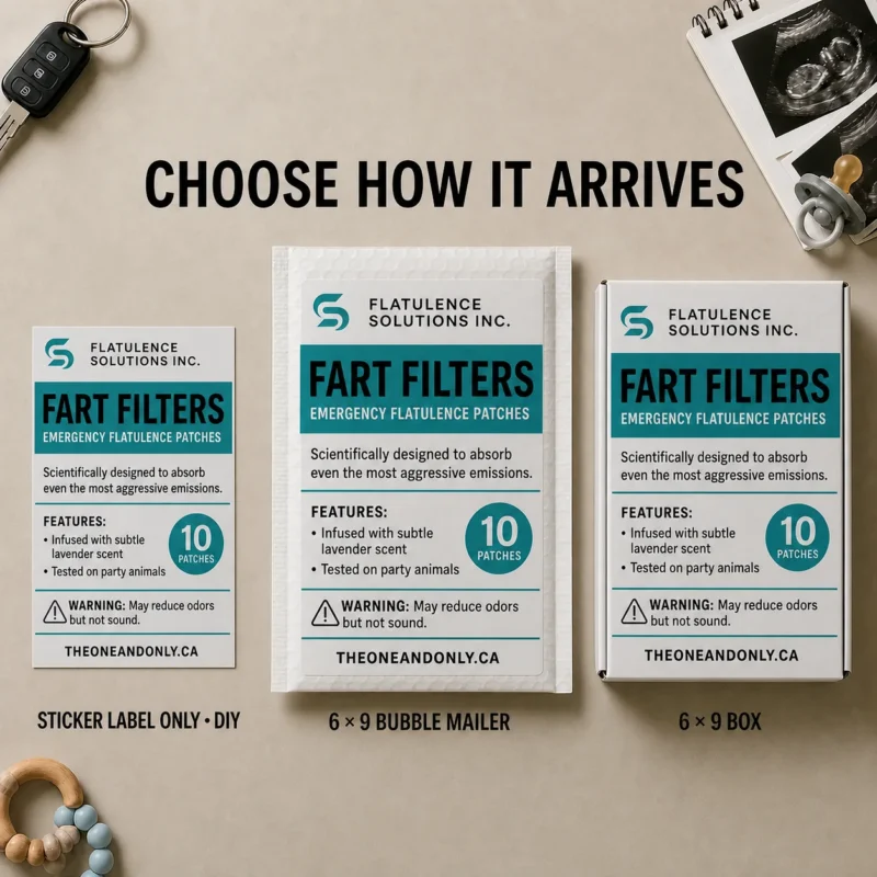 Fart Filters Prank Delivery Options Fart Filters prank shown as a DIY sticker, 6 × 9 bubble mailer, and 6 × 9 box.
