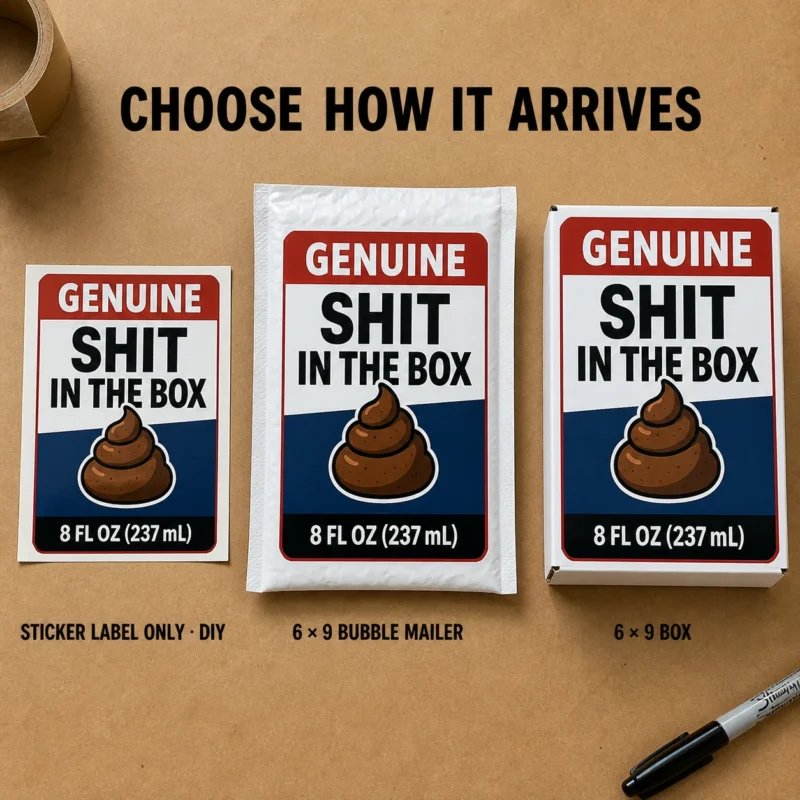Genuine Shit in the Box prank displayed as a DIY sticker, a 6 × 9 bubble mailer and a matching 6 × 9 box.