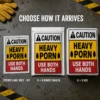 Heavy Porn caution-sign prank displayed as a DIY sticker, a 6 × 9 bubble mailer and a matching 6 × 9 box.