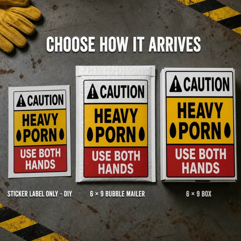 Heavy Porn caution-sign prank displayed as a DIY sticker, a 6 × 9 bubble mailer and a matching 6 × 9 box.