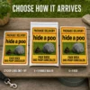 Hide a Poo Prank Delivery Options Hide a Poo faux-rock dog poop concealer prank displayed as a DIY sticker, a 6 × 9 bubble mailer and a matching 6 × 9 box.