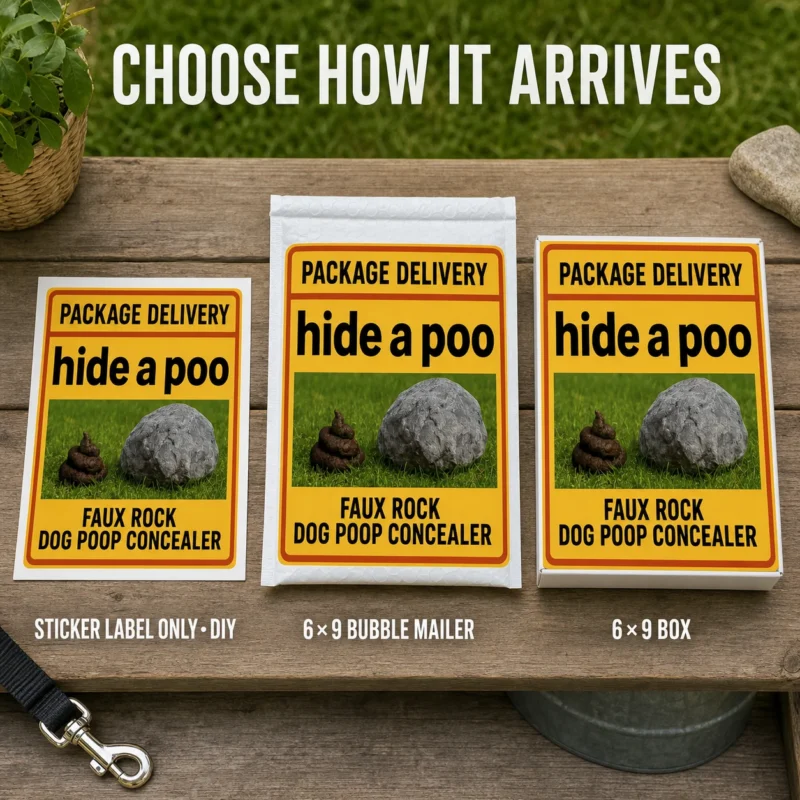 Hide a Poo Prank Delivery Options Hide a Poo faux-rock dog poop concealer prank displayed as a DIY sticker, a 6 × 9 bubble mailer and a matching 6 × 9 box.