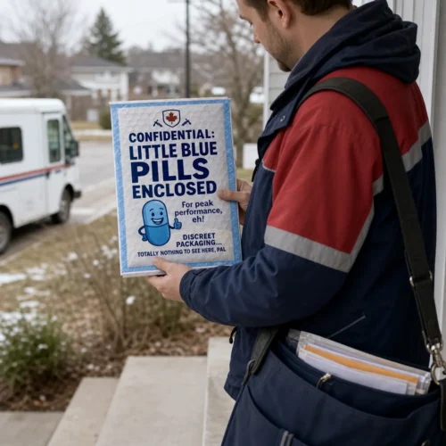 A Canadian postal carrier awkwardly holds a confidential Little Blue Pills novelty package during a residential delivery.