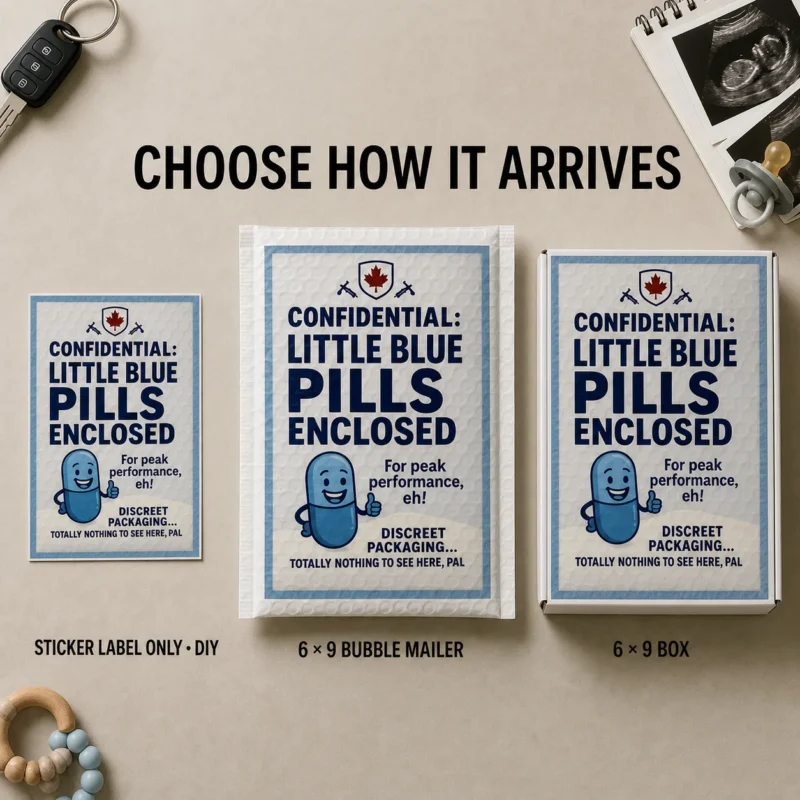 Little Blue Pills Prank Delivery Options Little Blue Pills prank shown as a DIY sticker, 6 × 9 bubble mailer, and 6 × 9 box.