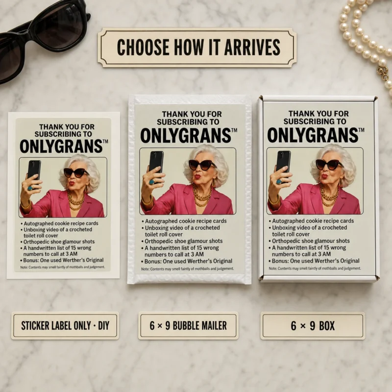 OnlyGrans Prank Delivery Options OnlyGrans subscription prank shown as a DIY sticker, on a 6 × 9 bubble mailer and on a matching 6 × 9 box.