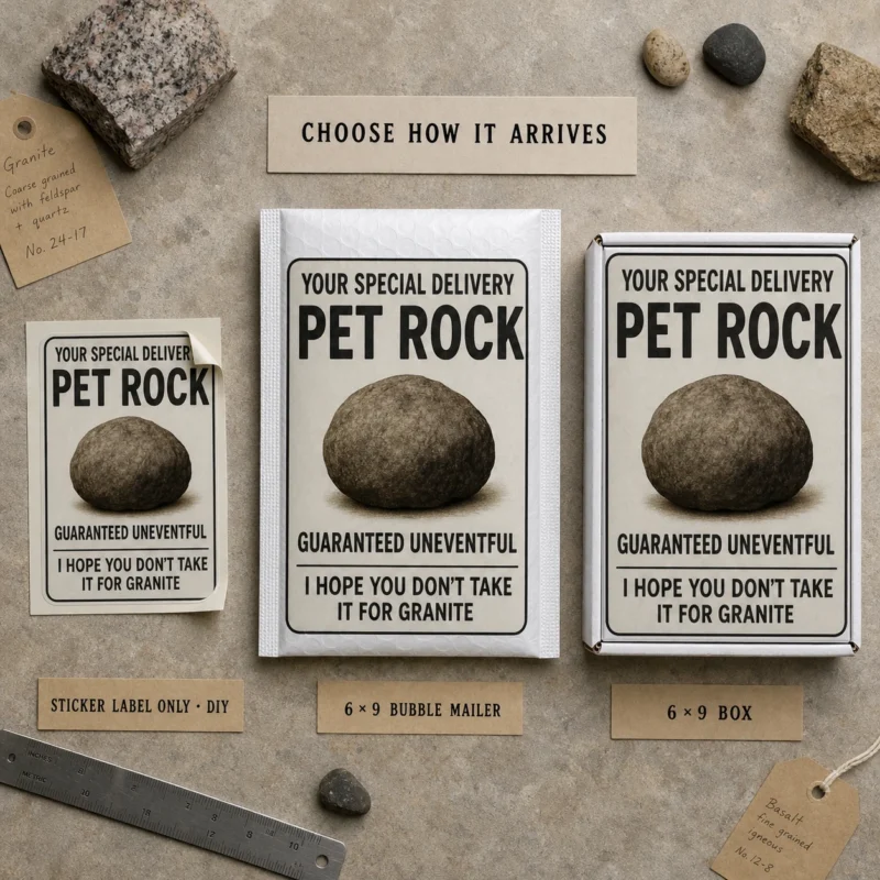 Pet Rock prank label shown as a DIY sticker, on a 6 × 9 bubble mailer and on a 6 × 9 box.