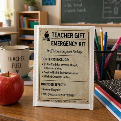 Teacher Gift Emergency Kit novelty package displayed on a classroom desk beside an apple, coffee mug, pencils, and exercise books.