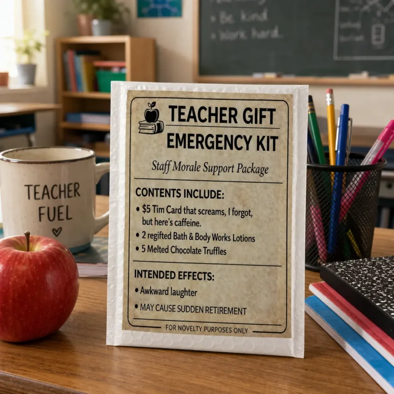 Teacher Gift Emergency Kit Lifestyle Image Teacher Gift Emergency Kit novelty package displayed on a classroom desk beside an apple, coffee mug, pencils, and exercise books.