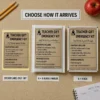 Teacher Gift Emergency Kit Delivery Options Teacher Gift Emergency Kit prank shown as a DIY sticker, on a 6 × 9 bubble mailer and on a matching 6 × 9 box.