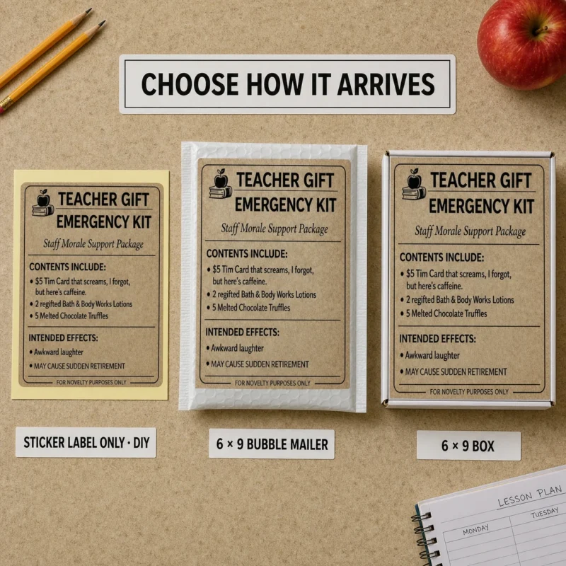 Teacher Gift Emergency Kit Delivery Options Teacher Gift Emergency Kit prank shown as a DIY sticker, on a 6 × 9 bubble mailer and on a matching 6 × 9 box.