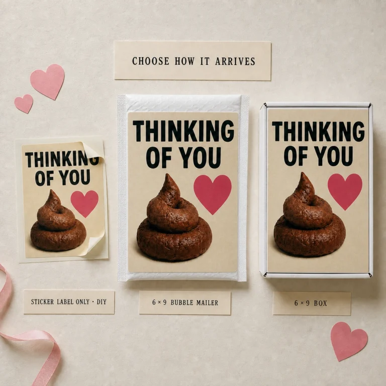 Thinking of You poop prank displayed as a DIY sticker label, a 6 × 9 bubble mailer and a 6 × 9 mailing box in a greeting card flat lay.