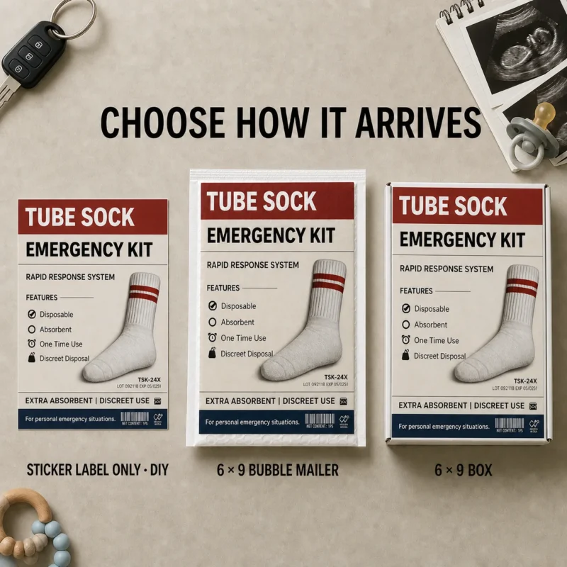 Tube Sock Emergency Kit Prank Delivery Options Tube sock emergency kit prank shown as a DIY sticker, 6 × 9 bubble mailer, and 6 × 9 box.