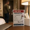Tube Sock Emergency Kit Lifestyle Image Tube Sock Emergency Kit displayed on a hotel nightstand while a nervous hotel guest checks the door behind him.