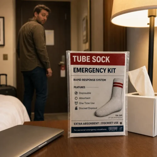 Tube Sock Emergency Kit displayed on a hotel nightstand while a nervous hotel guest checks the door behind him.