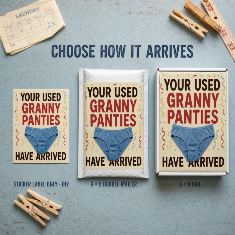 Used Granny Panties Prank Delivery Options Used Granny Panties prank shown as a DIY sticker, on a 6 × 9 bubble mailer and on a 6 × 9 box.